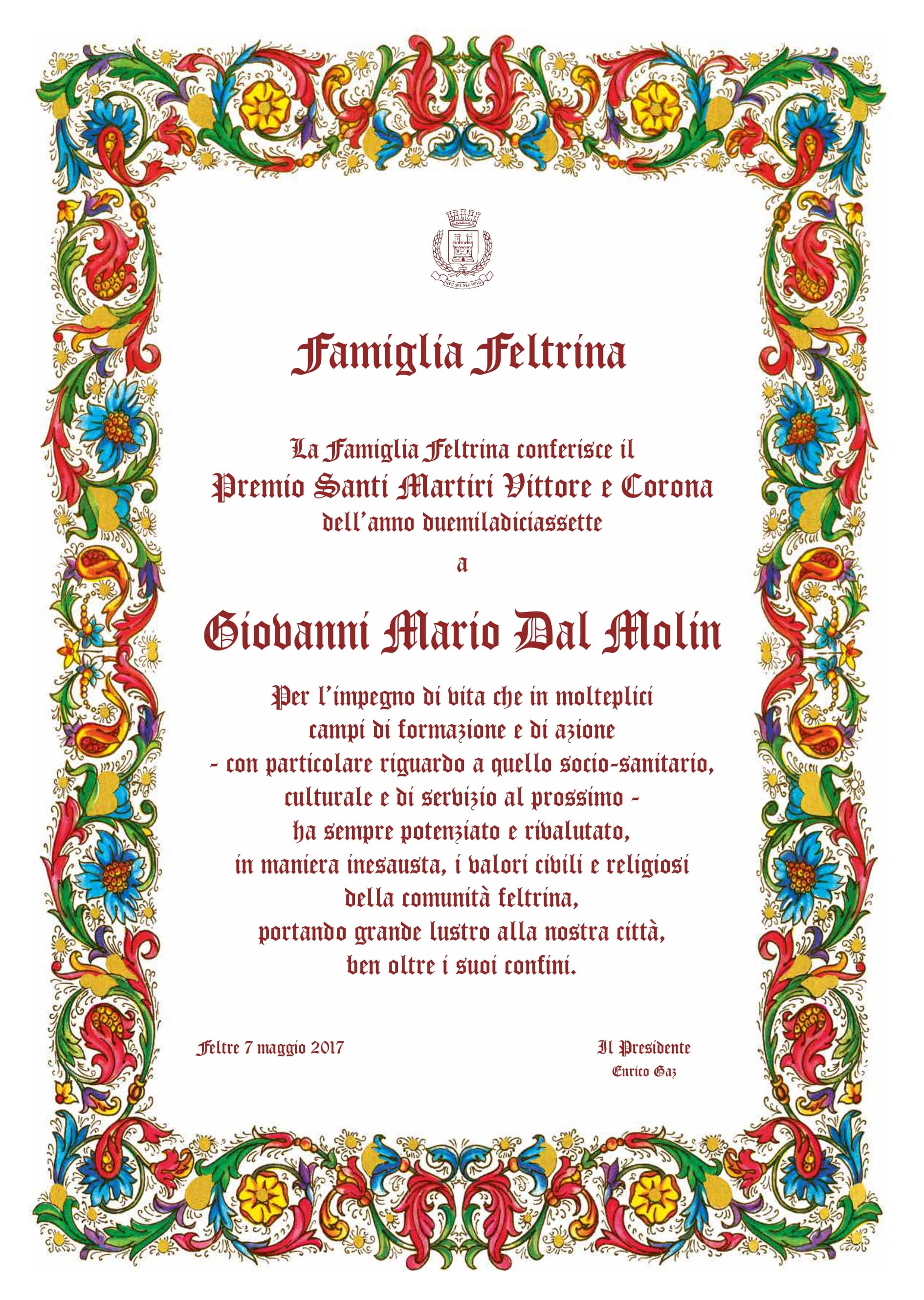Associazione Famiglia Feltrina - Borse di studio e premi - Premio Santi Martiri Vittore e Corona - 2017