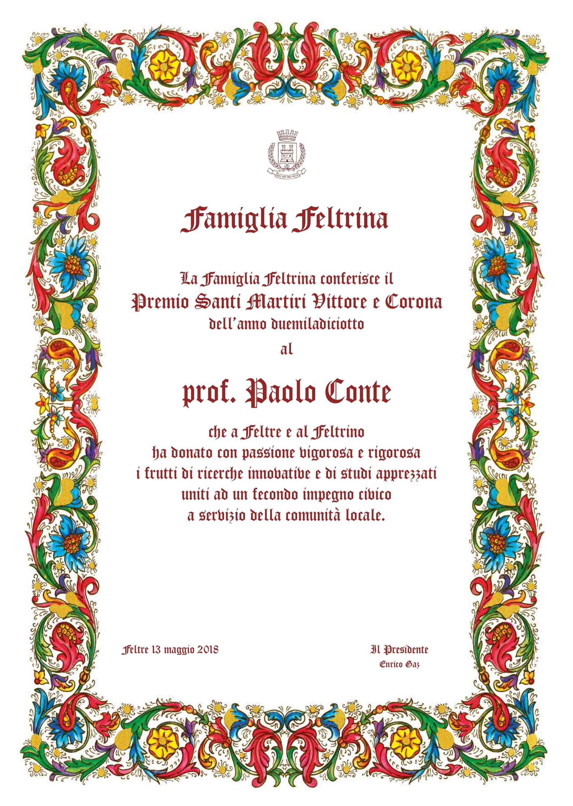 Associazione Famiglia Feltrina - Borse di studio e premi - Premio Santi Martiri Vittore e Corona - 2018