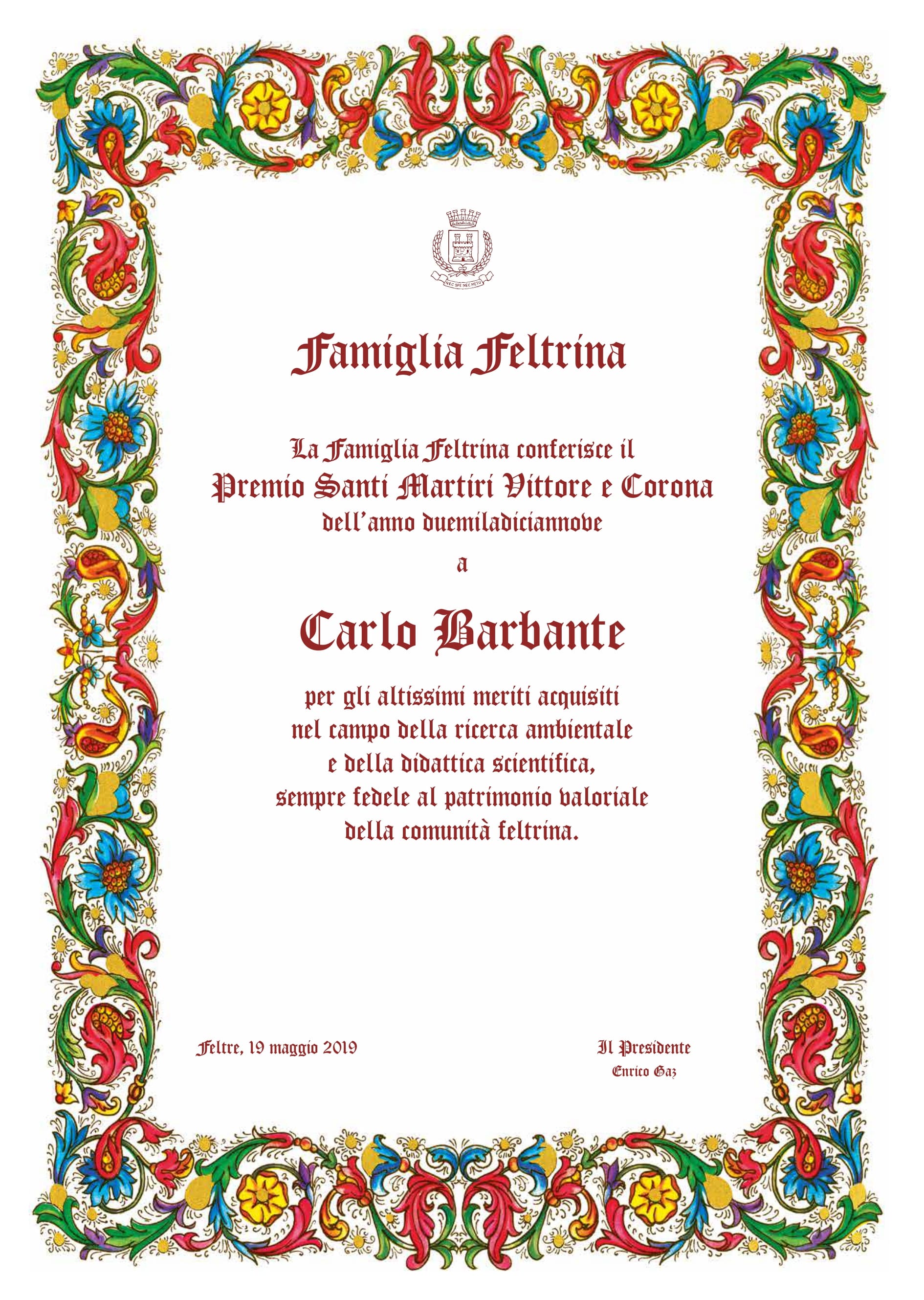 Associazione Famiglia Feltrina - Borse di studio e premi - Premio Santi Martiri Vittore e Corona - 2019